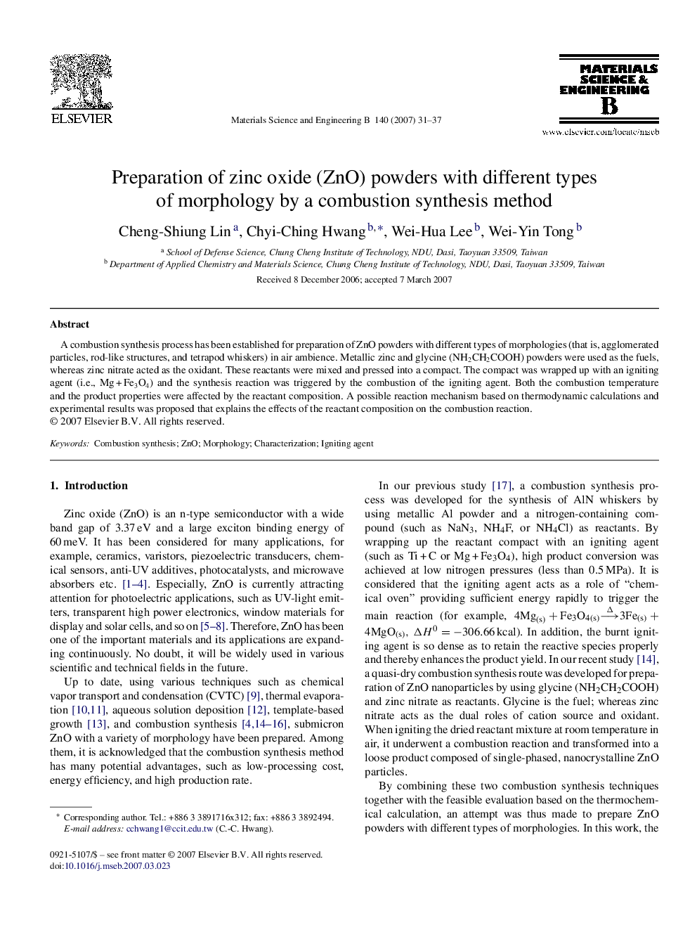 Preparation of zinc oxide (ZnO) powders with different types of morphology by a combustion synthesis method