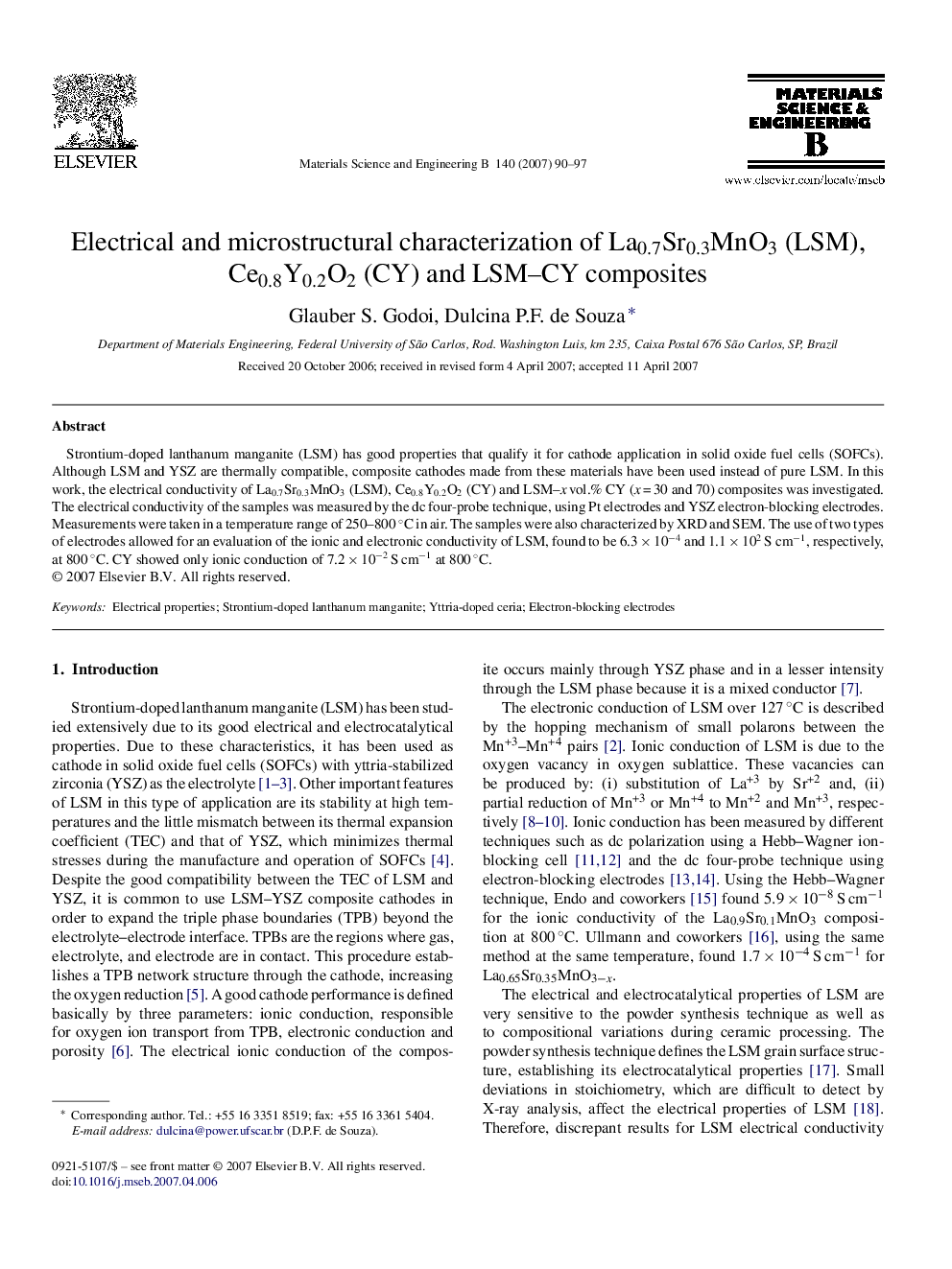 Electrical and microstructural characterization of La0.7Sr0.3MnO3 (LSM), Ce0.8Y0.2O2 (CY) and LSM–CY composites