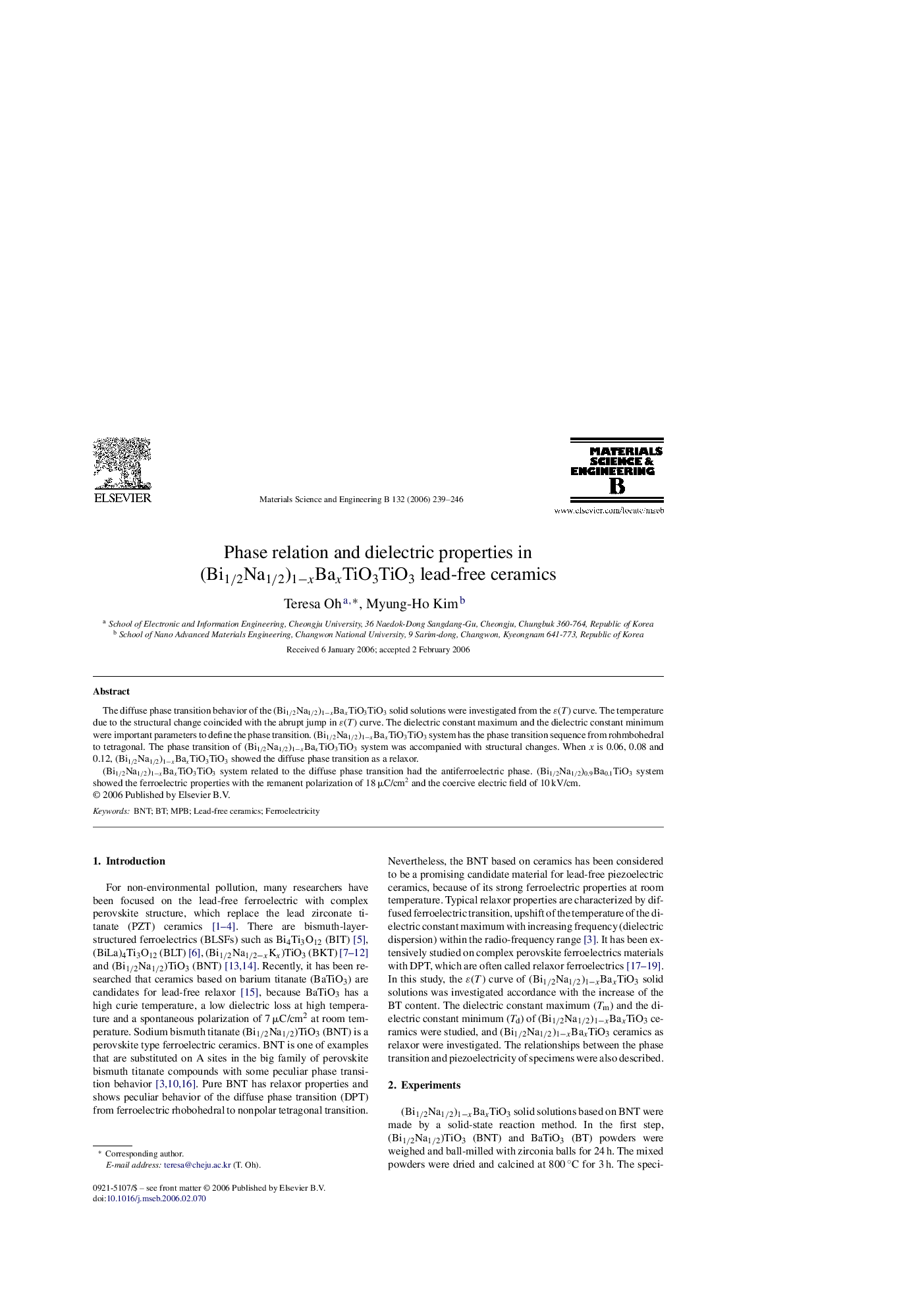 Phase relation and dielectric properties in (Bi1/2 Na1/2)1−x Bax TiO3 TiO3 lead-free ceramics