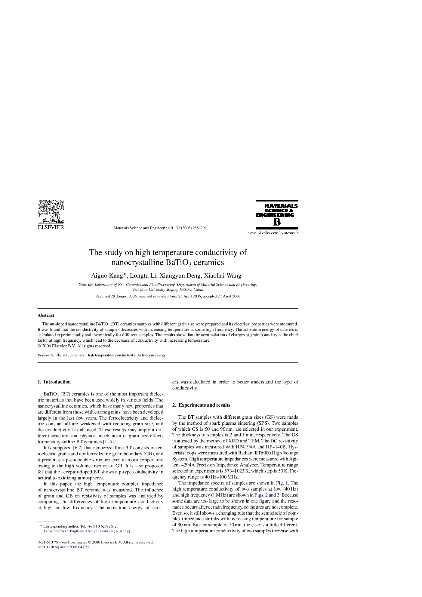 The study on high temperature conductivity of nanocrystalline BaTiO3 ceramics