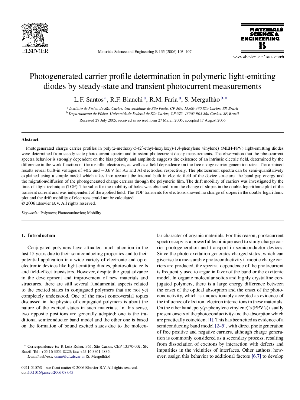 Photogenerated carrier profile determination in polymeric light-emitting diodes by steady-state and transient photocurrent measurements