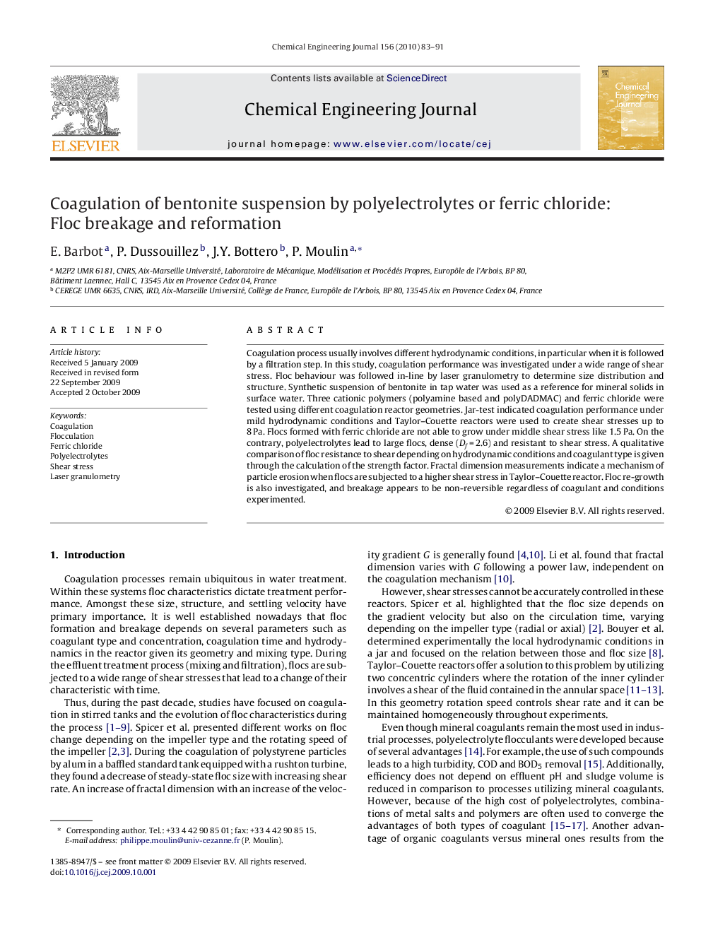 Coagulation of bentonite suspension by polyelectrolytes or ferric chloride: Floc breakage and reformation