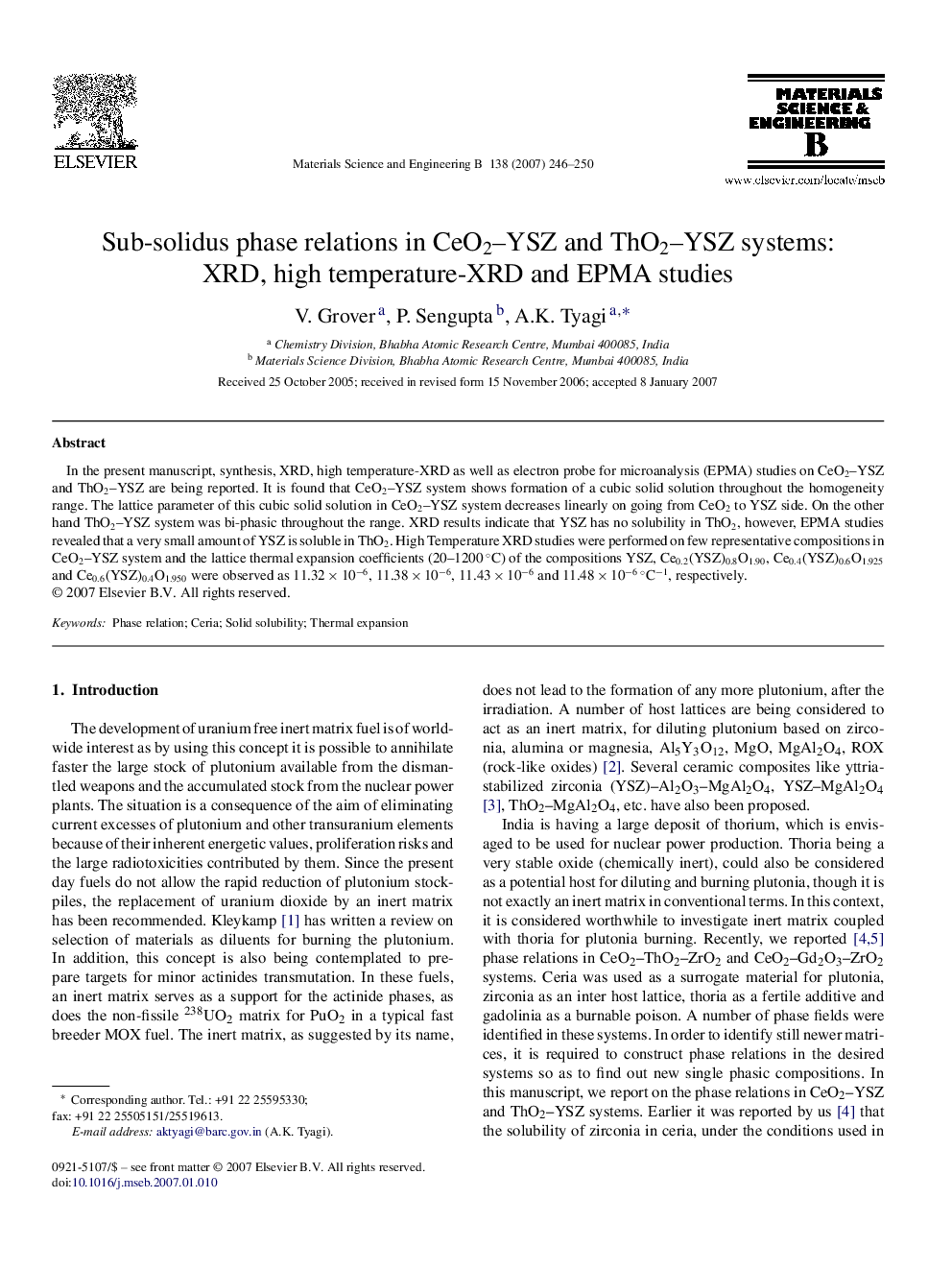 Sub-solidus phase relations in CeO2–YSZ and ThO2–YSZ systems: XRD, high temperature-XRD and EPMA studies