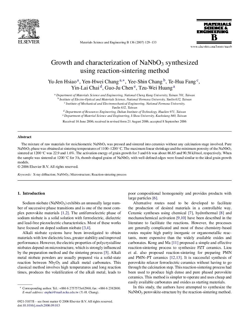 Growth and characterization of NaNbO3 synthesized using reaction-sintering method