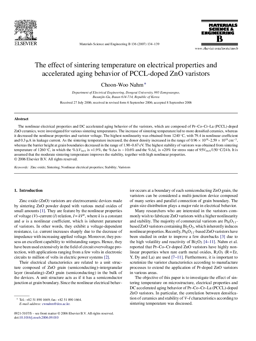 The effect of sintering temperature on electrical properties and accelerated aging behavior of PCCL-doped ZnO varistors