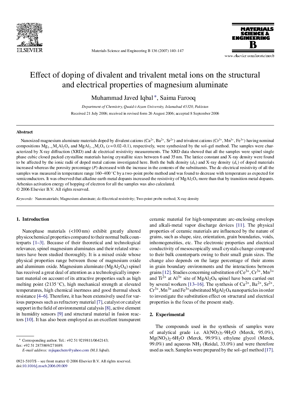 Effect of doping of divalent and trivalent metal ions on the structural and electrical properties of magnesium aluminate