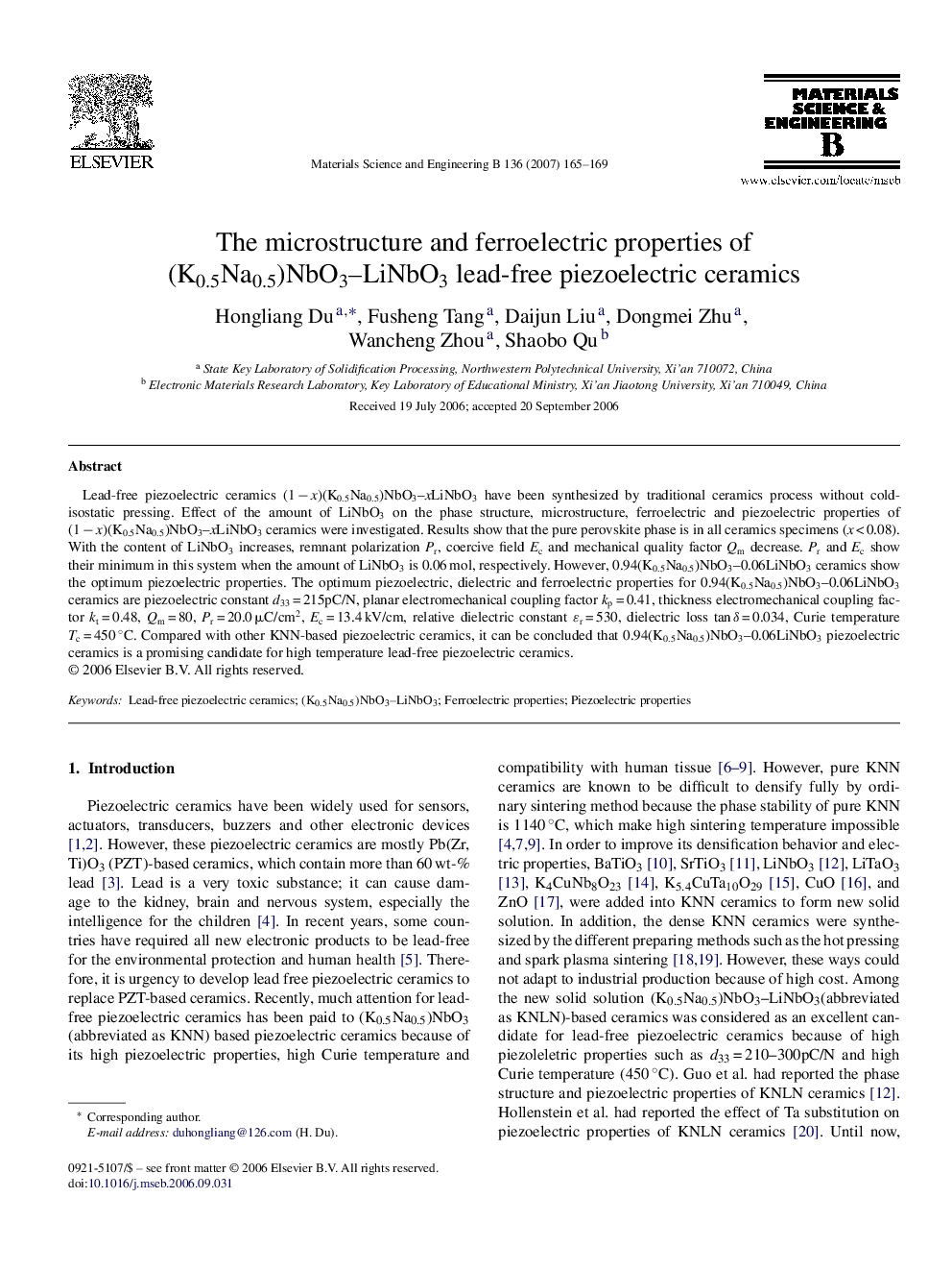 The microstructure and ferroelectric properties of (K0.5Na0.5)NbO3–LiNbO3 lead-free piezoelectric ceramics