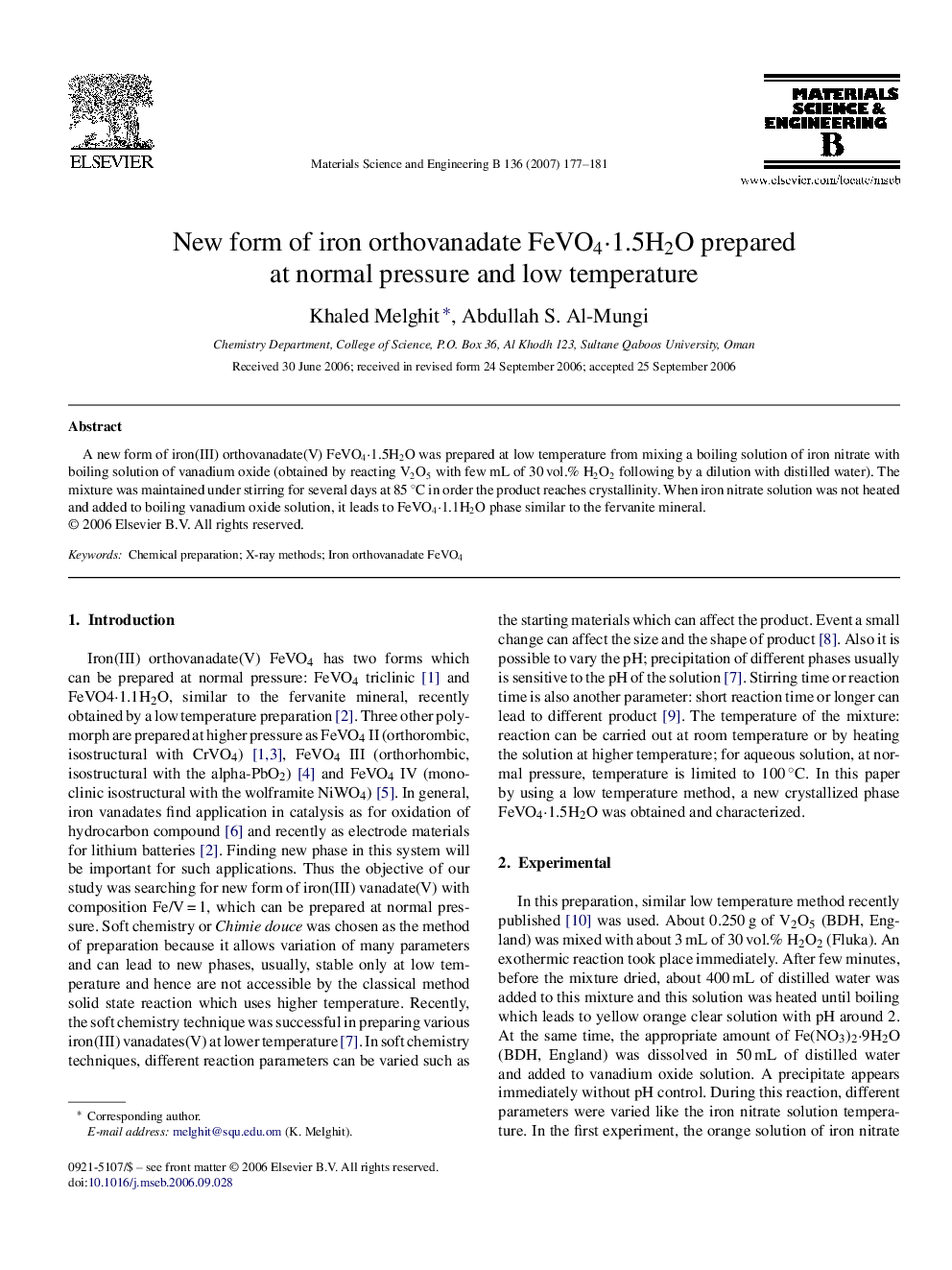 New form of iron orthovanadate FeVO4·1.5H2O prepared at normal pressure and low temperature