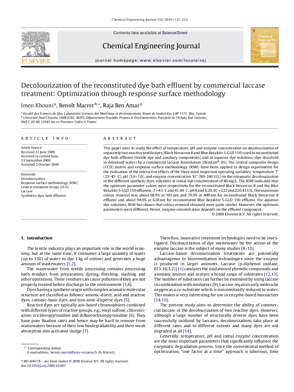 Decolourization of the reconstituted dye bath effluent by commercial laccase treatment: Optimization through response surface methodology