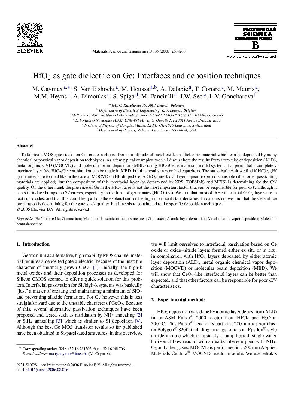 HfO2 as gate dielectric on Ge: Interfaces and deposition techniques