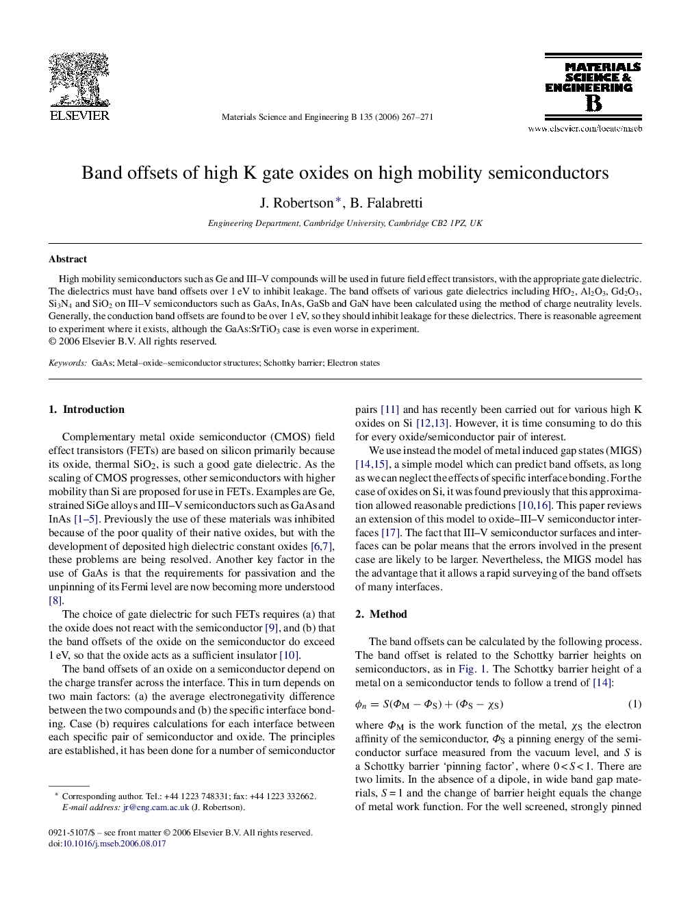 Band offsets of high K gate oxides on high mobility semiconductors