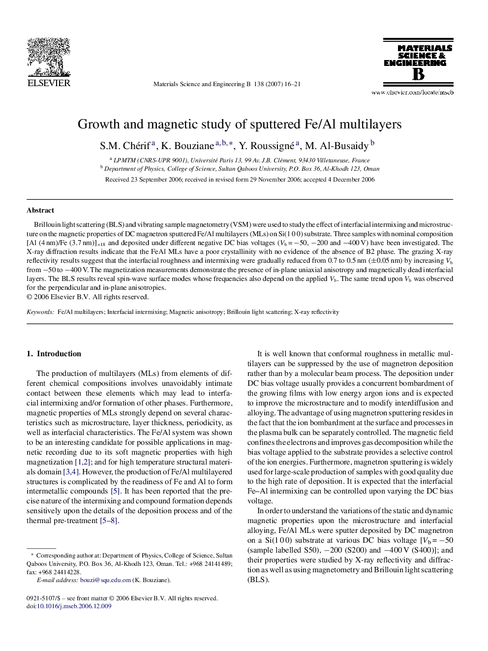 Growth and magnetic study of sputtered Fe/Al multilayers