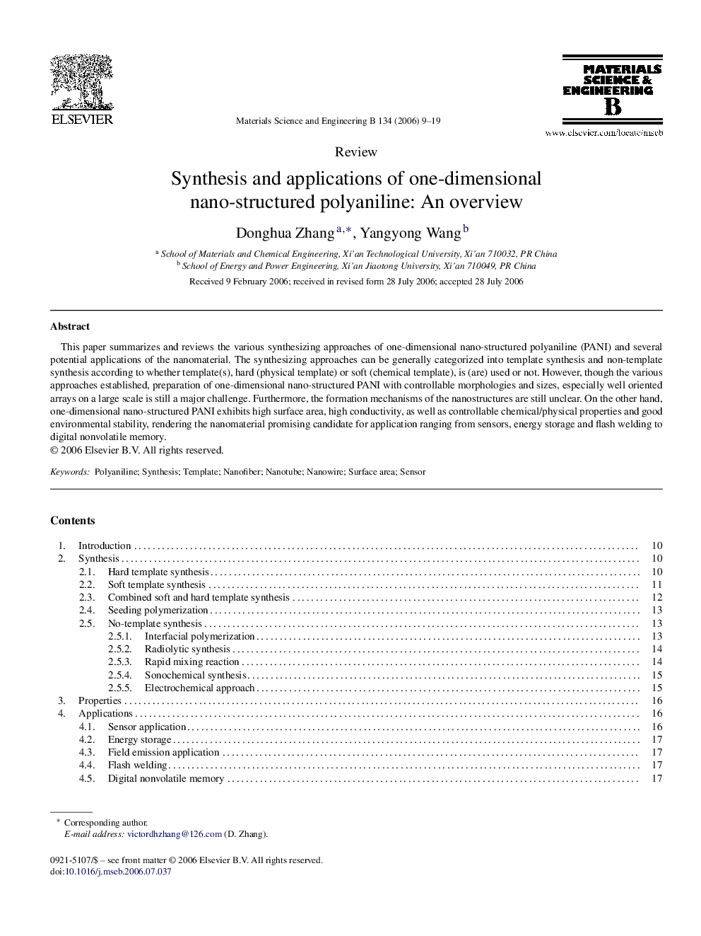 Synthesis and applications of one-dimensional nano-structured polyaniline: An overview