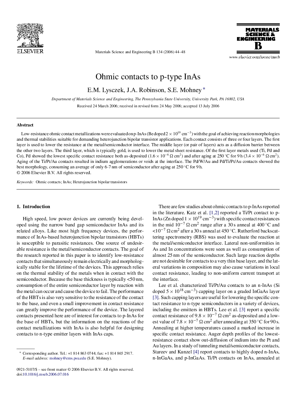 Ohmic contacts to p-type InAs