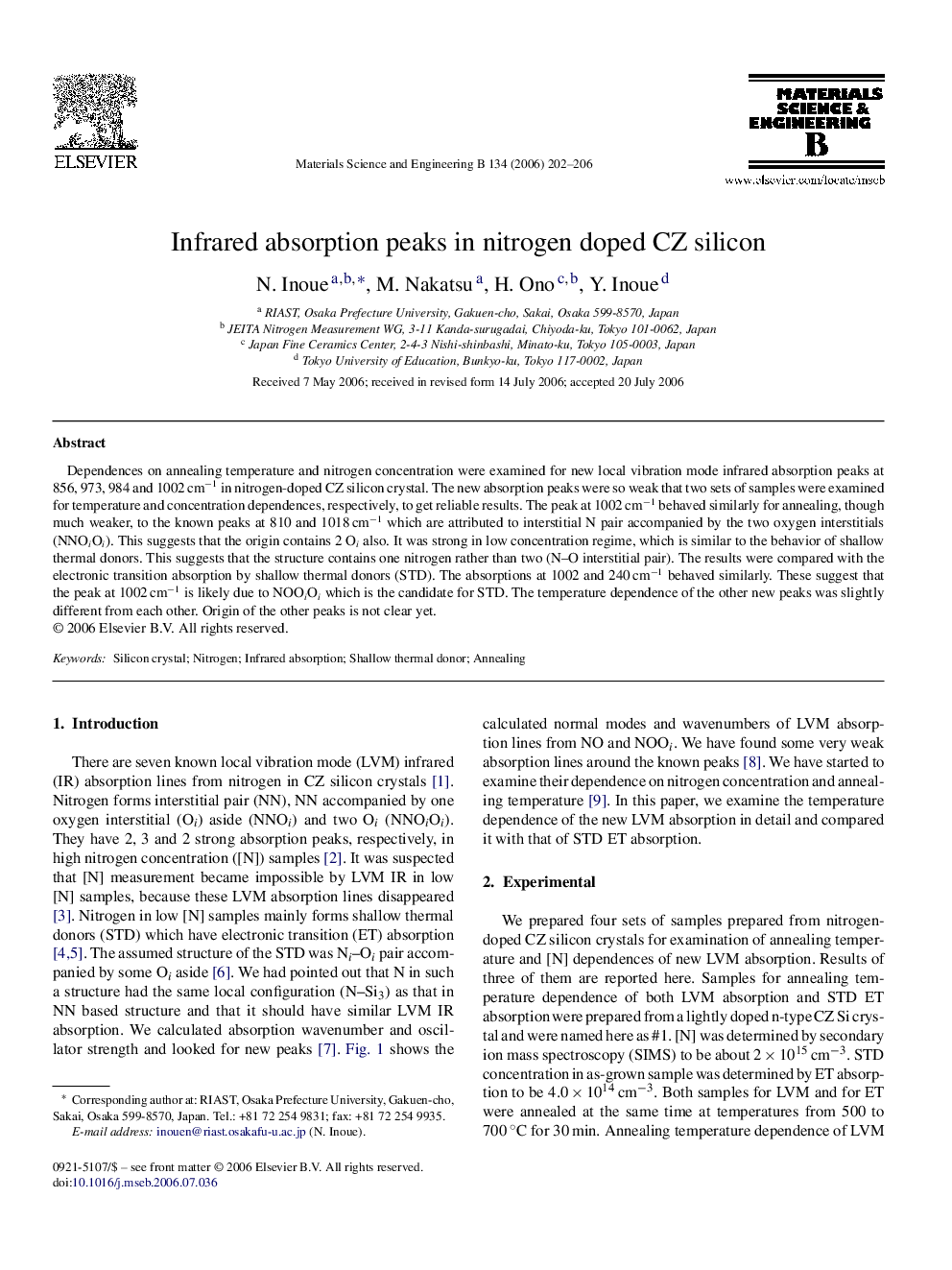 Infrared absorption peaks in nitrogen doped CZ silicon