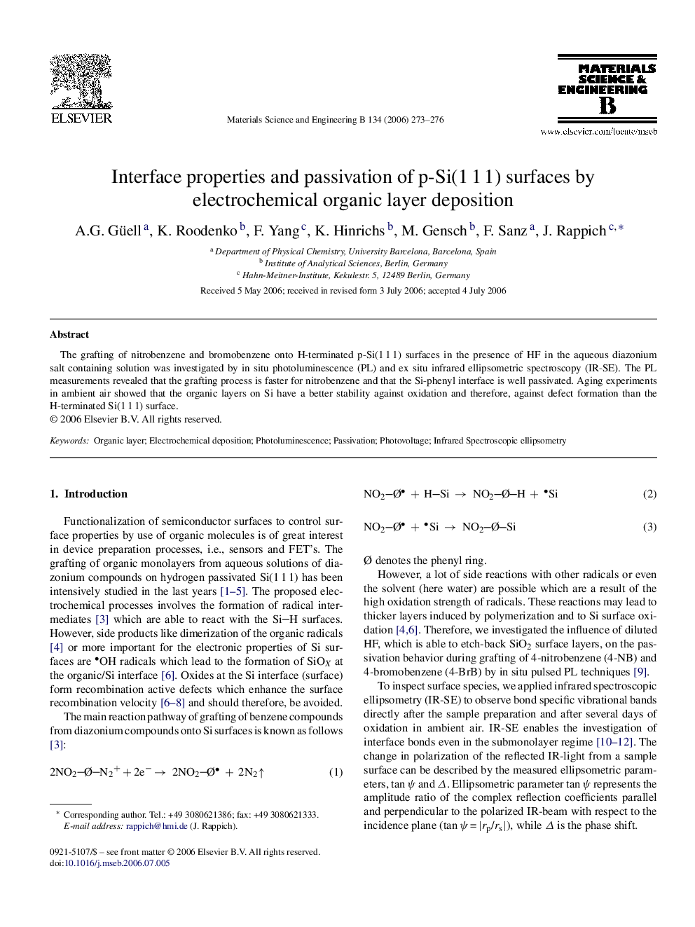 Interface properties and passivation of p-Si(1 1 1) surfaces by electrochemical organic layer deposition