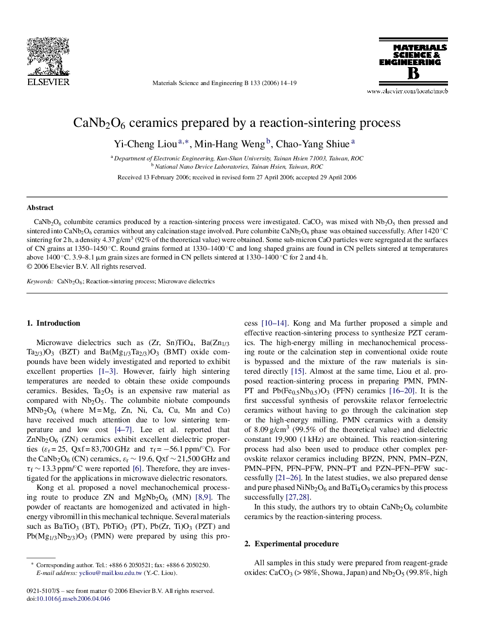 CaNb2O6 ceramics prepared by a reaction-sintering process