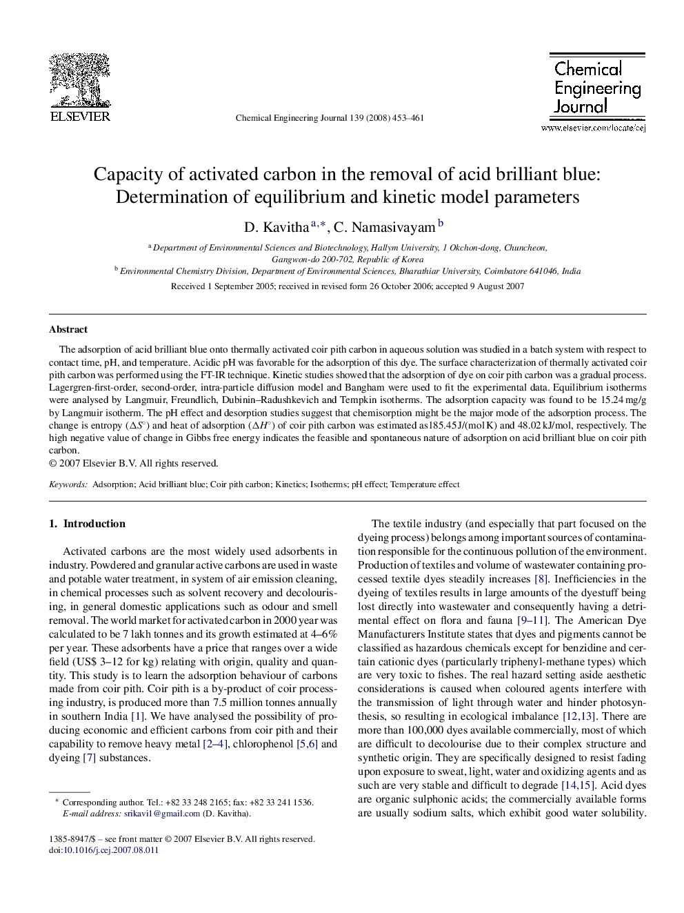 عکس صفحه اول مقاله: Capacity of activated carbon in the removal of acid brilliant blue: Determination of equilibrium and kinetic model parameters Capacity of activated carbon in the removal of acid brilliant blue: Determination of equilibrium and kinetic model parameters