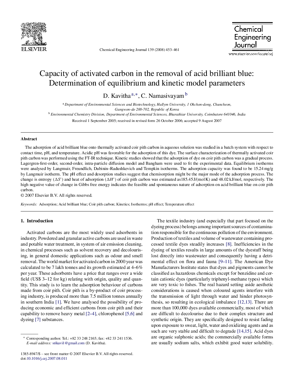 Capacity of activated carbon in the removal of acid brilliant blue: Determination of equilibrium and kinetic model parameters