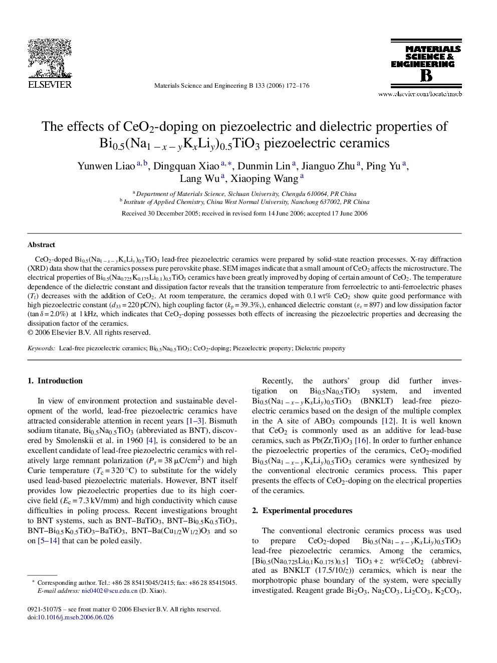 The effects of CeO2-doping on piezoelectric and dielectric properties of Bi0.5(Na1 − x − yKxLiy)0.5TiO3 piezoelectric ceramics