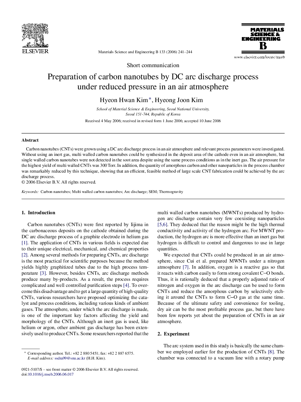 Preparation of carbon nanotubes by DC arc discharge process under reduced pressure in an air atmosphere