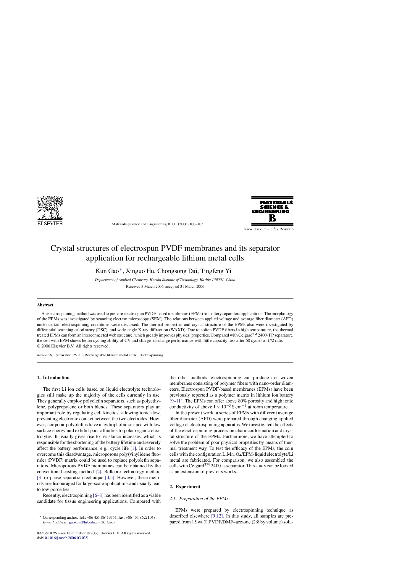 Crystal structures of electrospun PVDF membranes and its separator application for rechargeable lithium metal cells