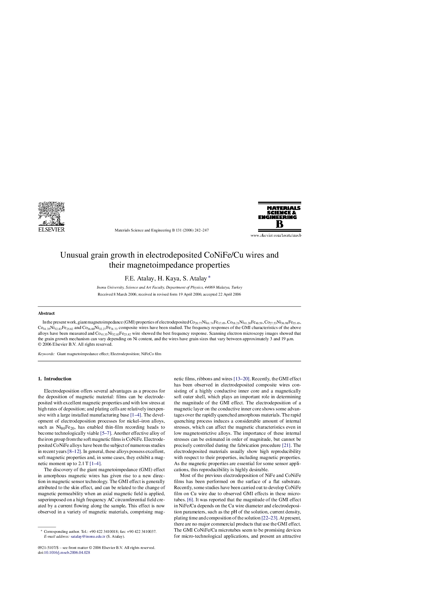 Unusual grain growth in electrodeposited CoNiFe/Cu wires and their magnetoimpedance properties