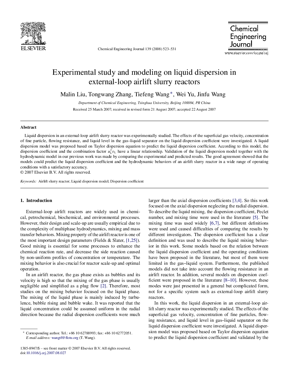 Experimental study and modeling on liquid dispersion in external-loop airlift slurry reactors