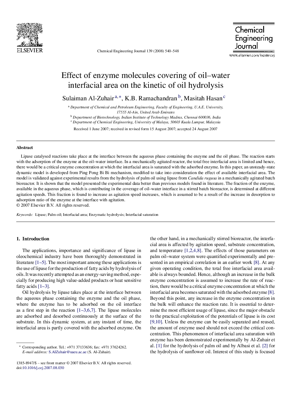 Effect of enzyme molecules covering of oil–water interfacial area on the kinetic of oil hydrolysis