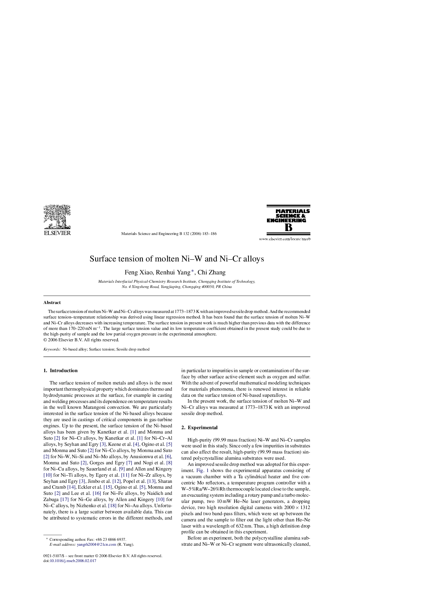 Surface tension of molten Ni–W and Ni–Cr alloys