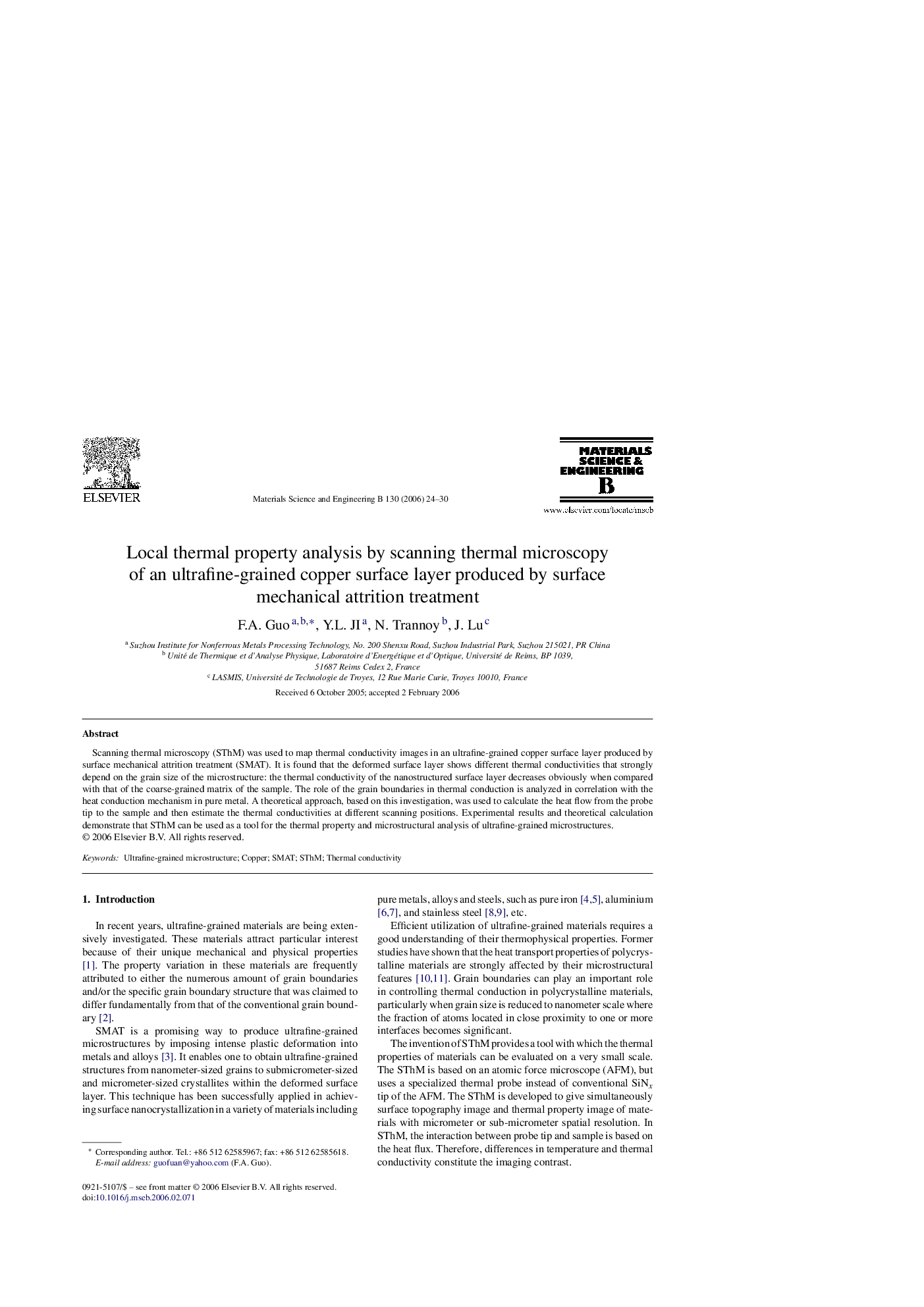 Local thermal property analysis by scanning thermal microscopy of an ultrafine-grained copper surface layer produced by surface mechanical attrition treatment