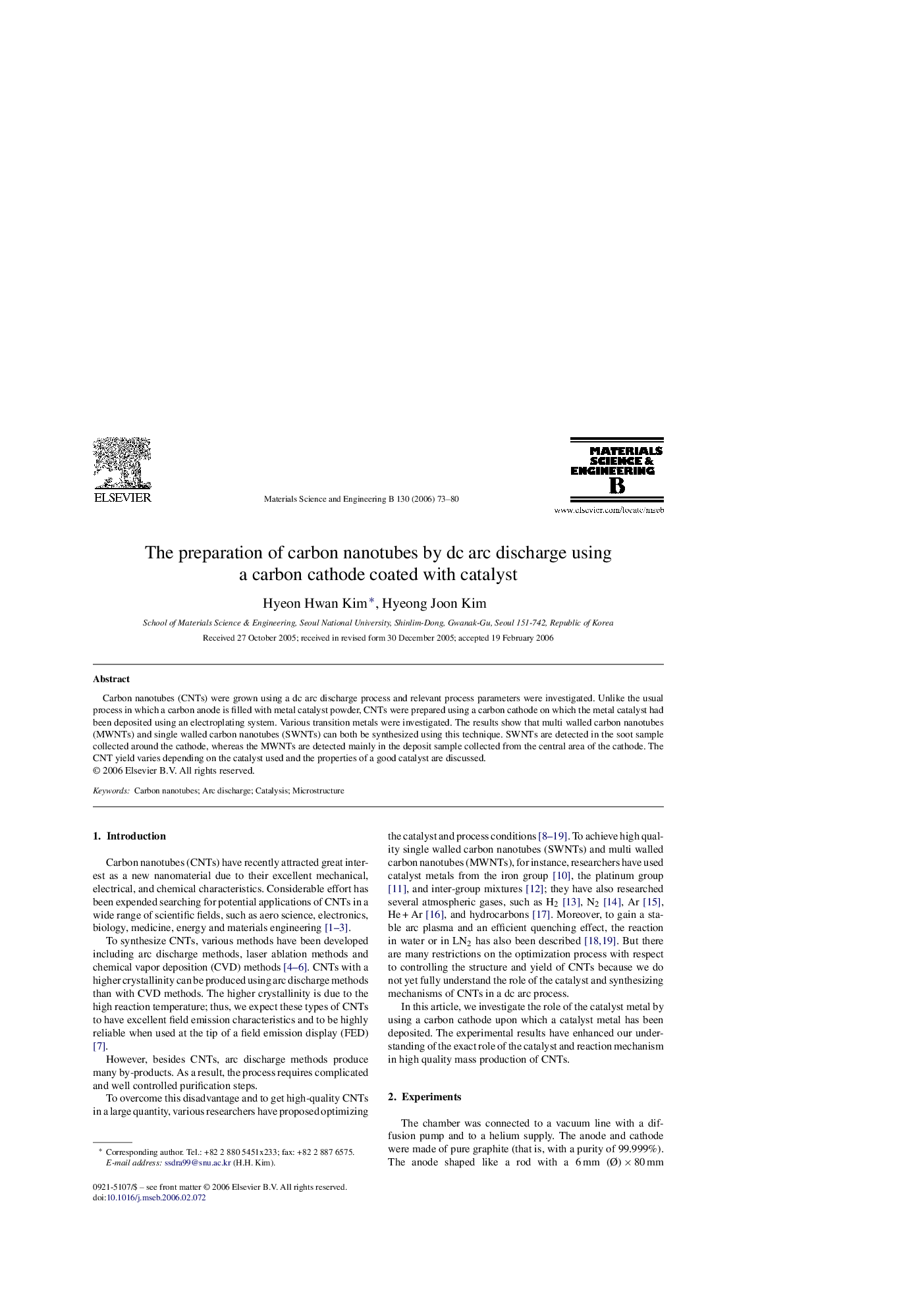 The preparation of carbon nanotubes by dc arc discharge using a carbon cathode coated with catalyst