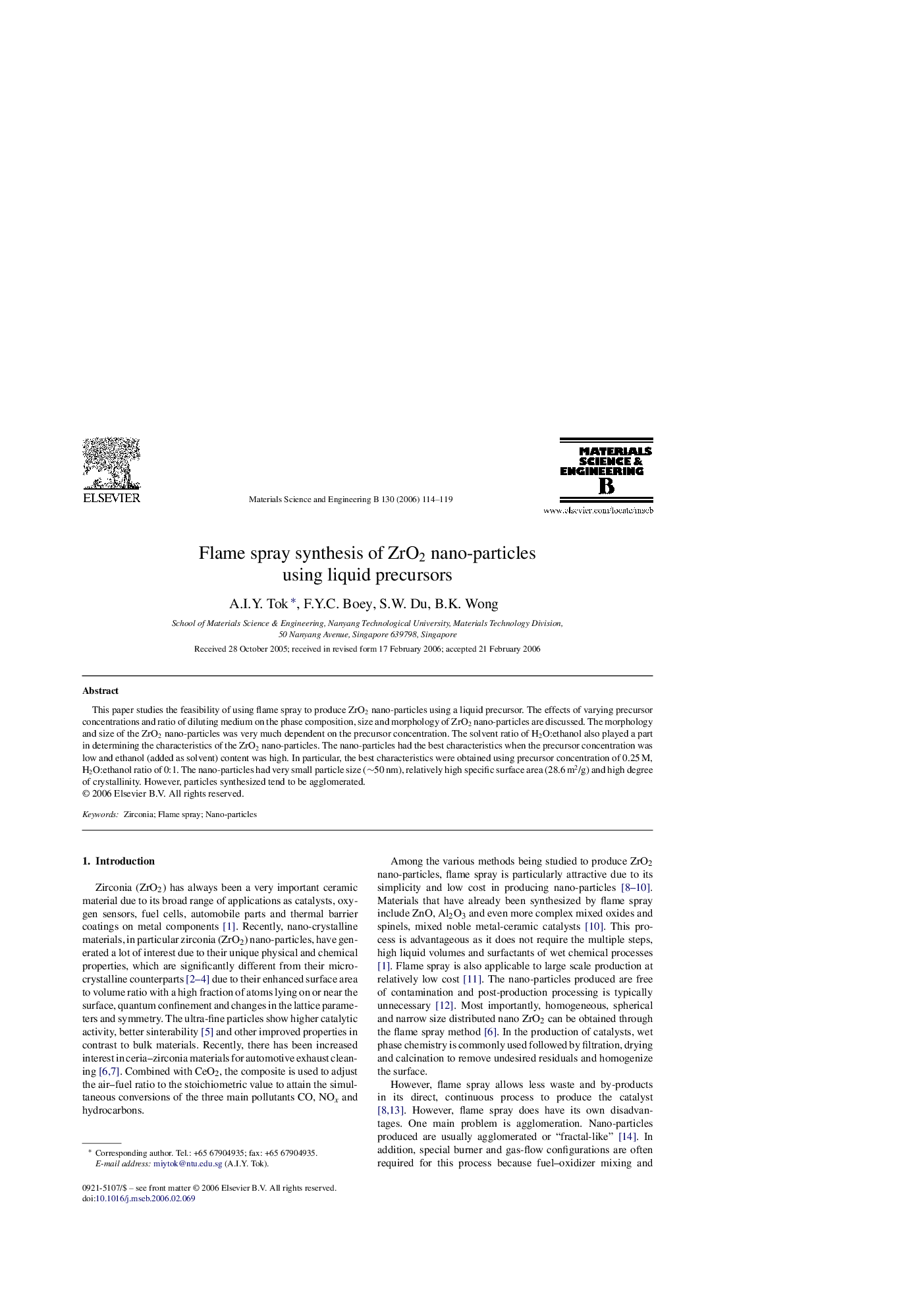 Flame spray synthesis of ZrO2 nano-particles using liquid precursors