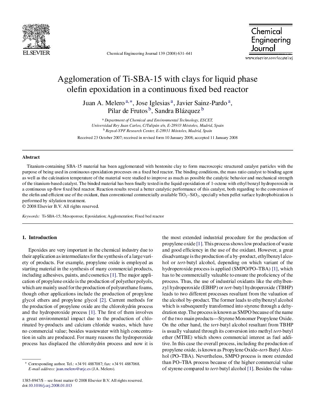 Agglomeration of Ti-SBA-15 with clays for liquid phase olefin epoxidation in a continuous fixed bed reactor