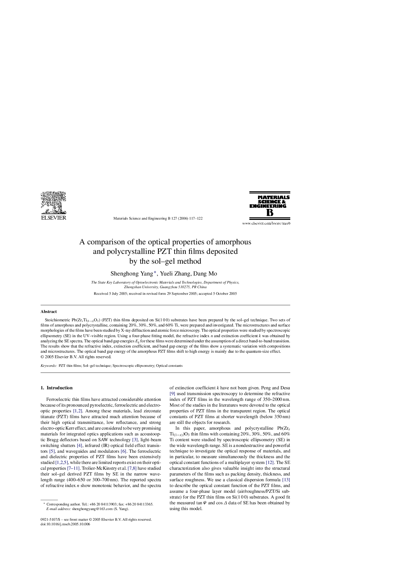 A comparison of the optical properties of amorphous and polycrystalline PZT thin films deposited by the sol–gel method