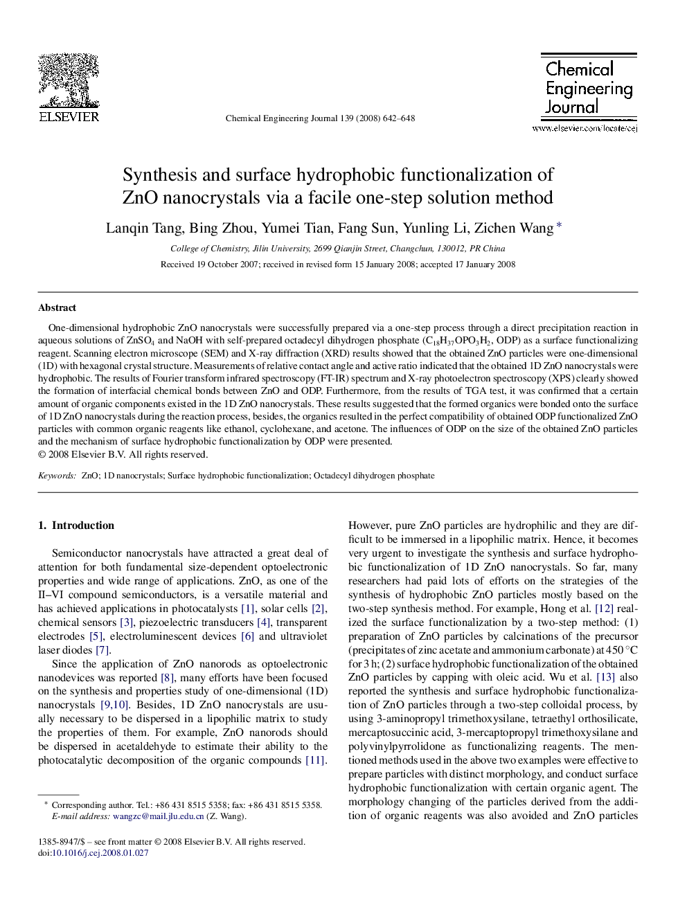 Synthesis and surface hydrophobic functionalization of ZnO nanocrystals via a facile one-step solution method