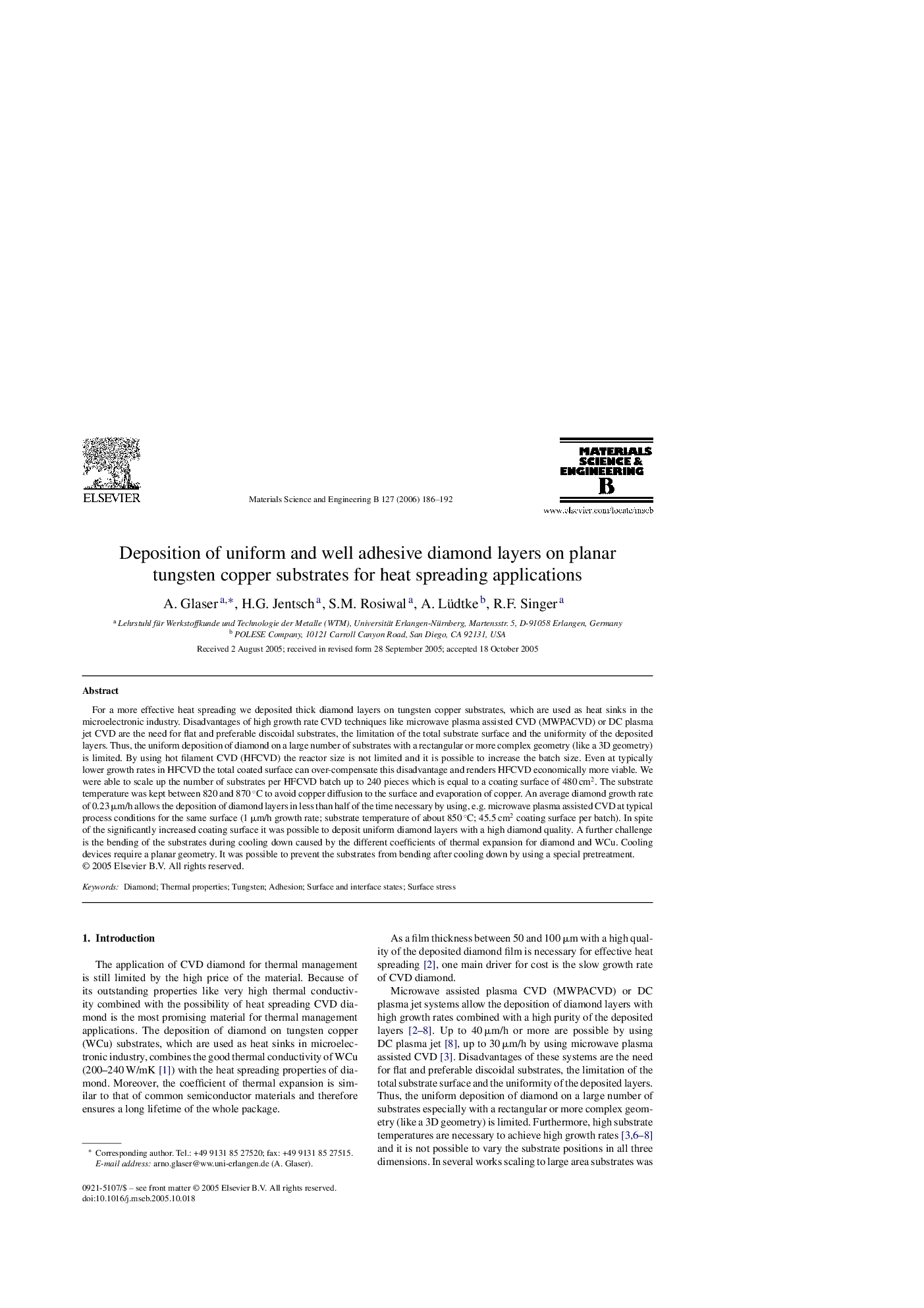 Deposition of uniform and well adhesive diamond layers on planar tungsten copper substrates for heat spreading applications