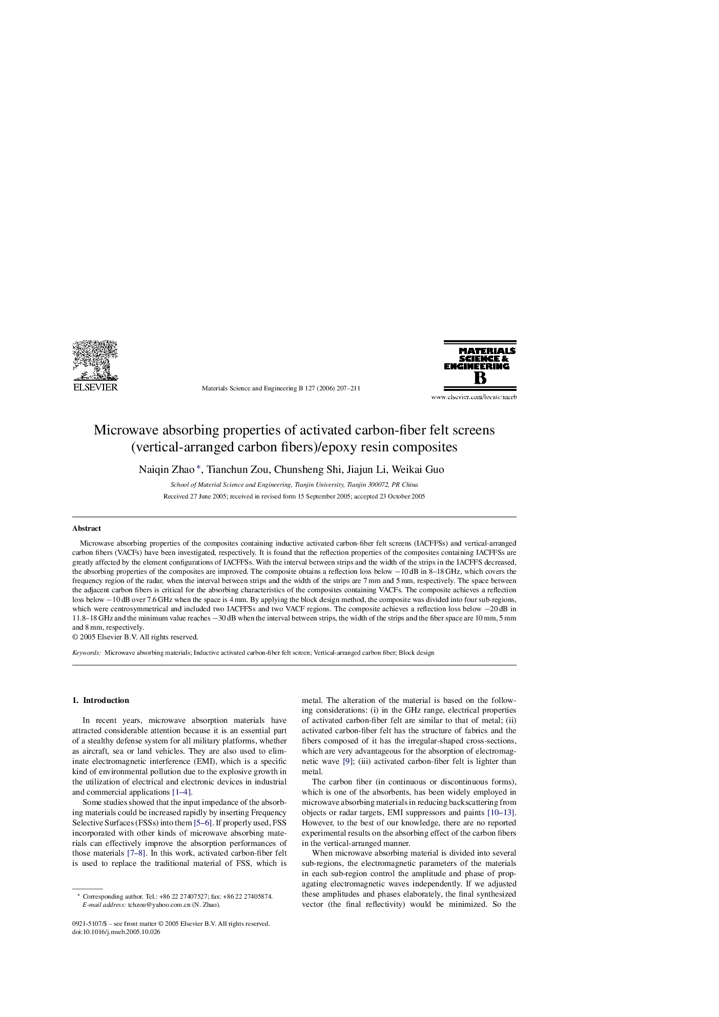 Microwave absorbing properties of activated carbon-fiber felt screens (vertical-arranged carbon fibers)/epoxy resin composites