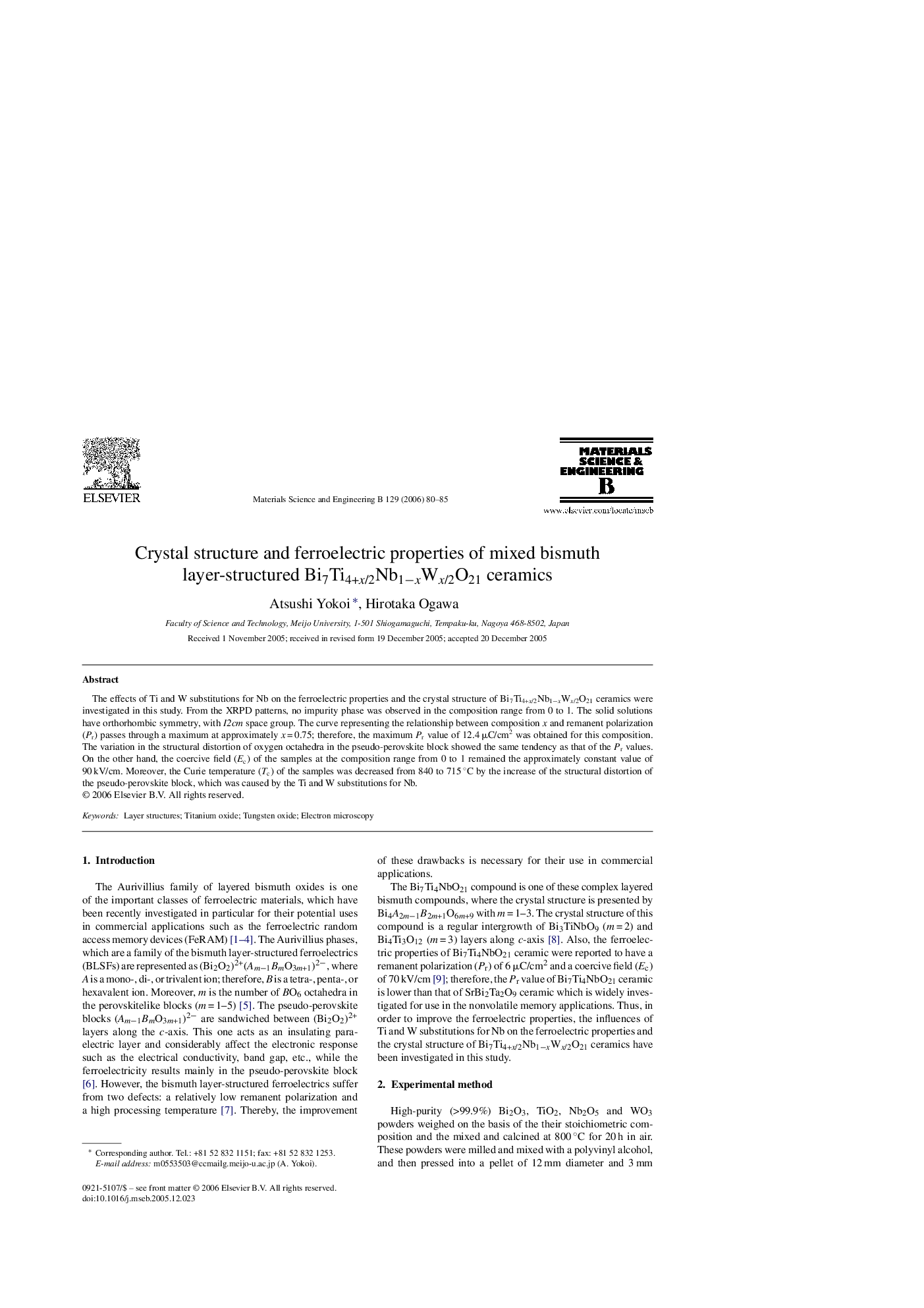 Crystal structure and ferroelectric properties of mixed bismuth layer-structured Bi7Ti4+x/2Nb1âxWx/2O21 ceramics