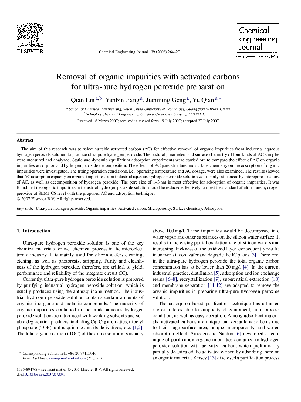 Removal of organic impurities with activated carbons for ultra-pure hydrogen peroxide preparation