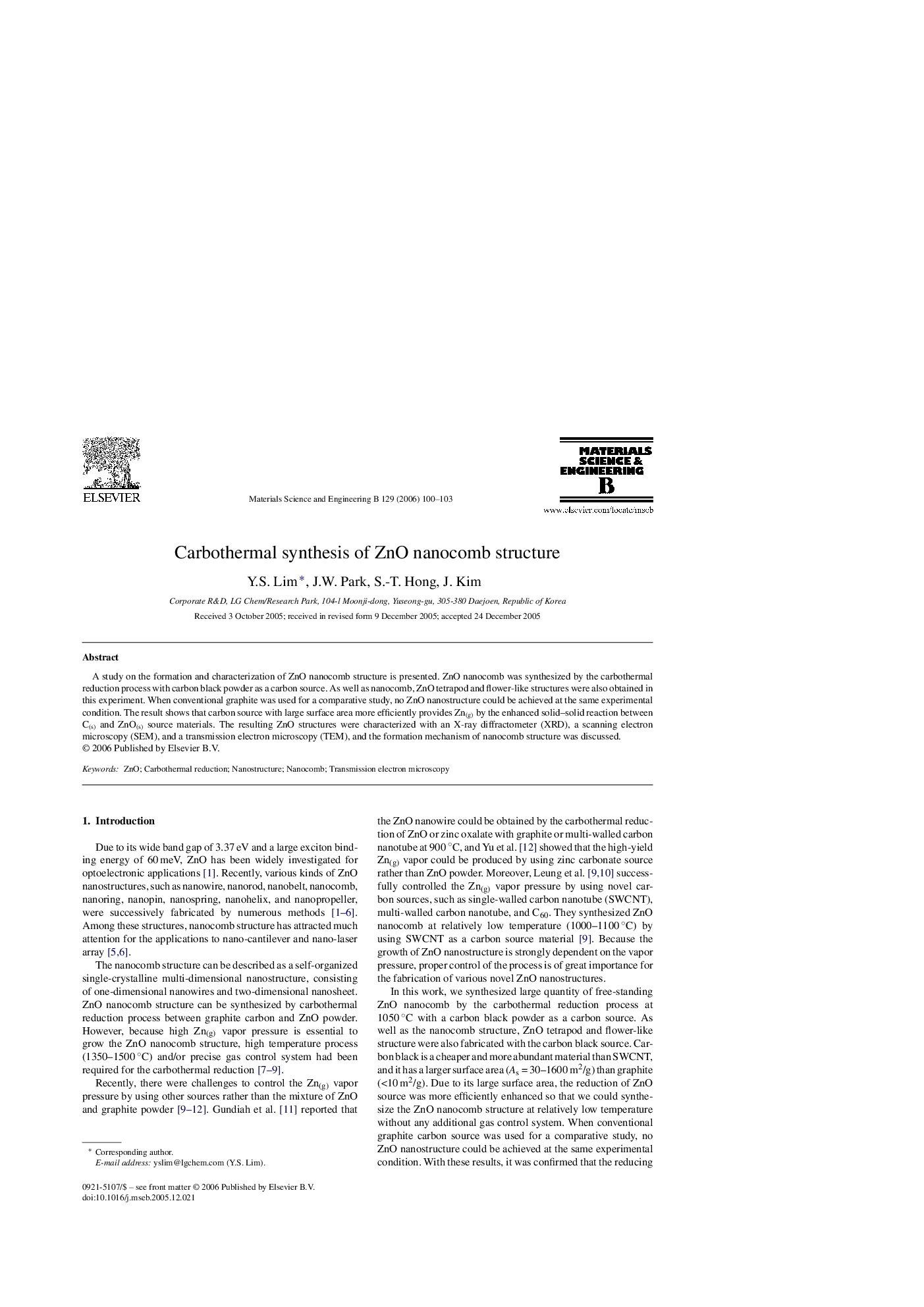 Carbothermal synthesis of ZnO nanocomb structure