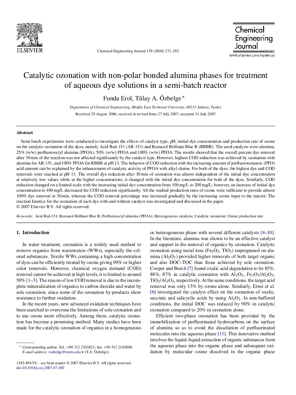 Catalytic ozonation with non-polar bonded alumina phases for treatment of aqueous dye solutions in a semi-batch reactor