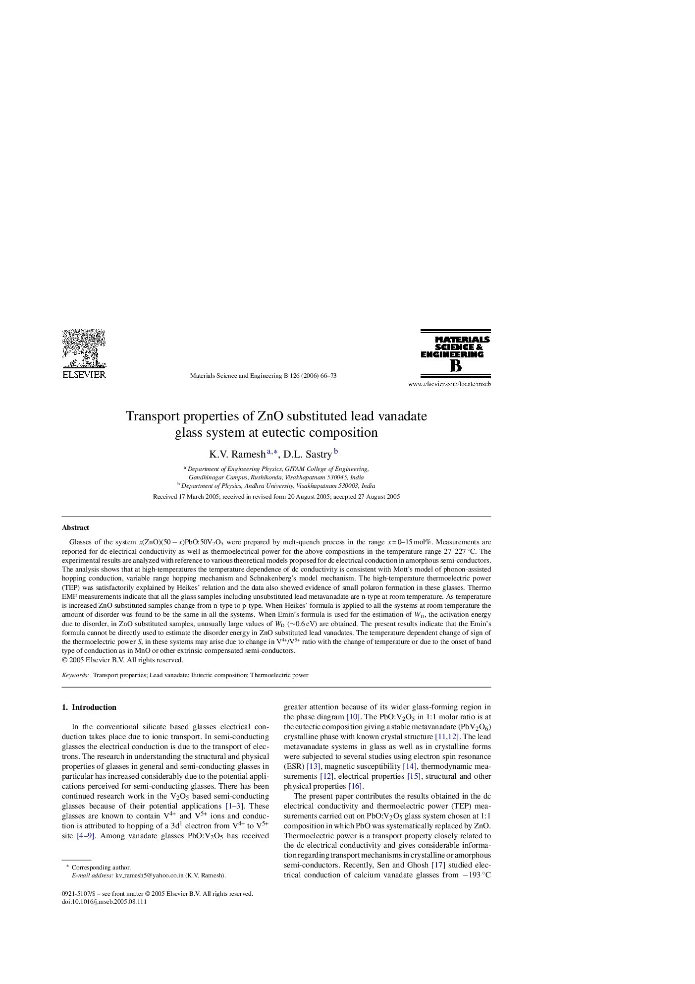 Transport properties of ZnO substituted lead vanadate glass system at eutectic composition