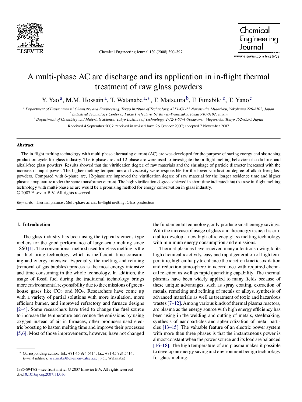 A multi-phase AC arc discharge and its application in in-flight thermal treatment of raw glass powders