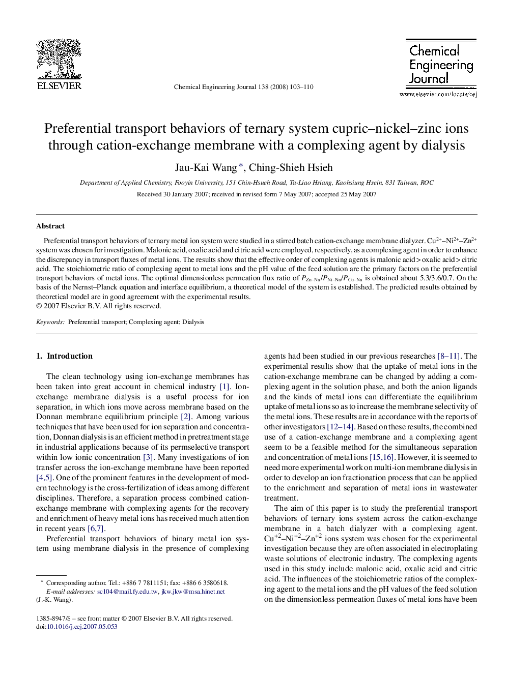 Preferential transport behaviors of ternary system cupric–nickel–zinc ions through cation-exchange membrane with a complexing agent by dialysis