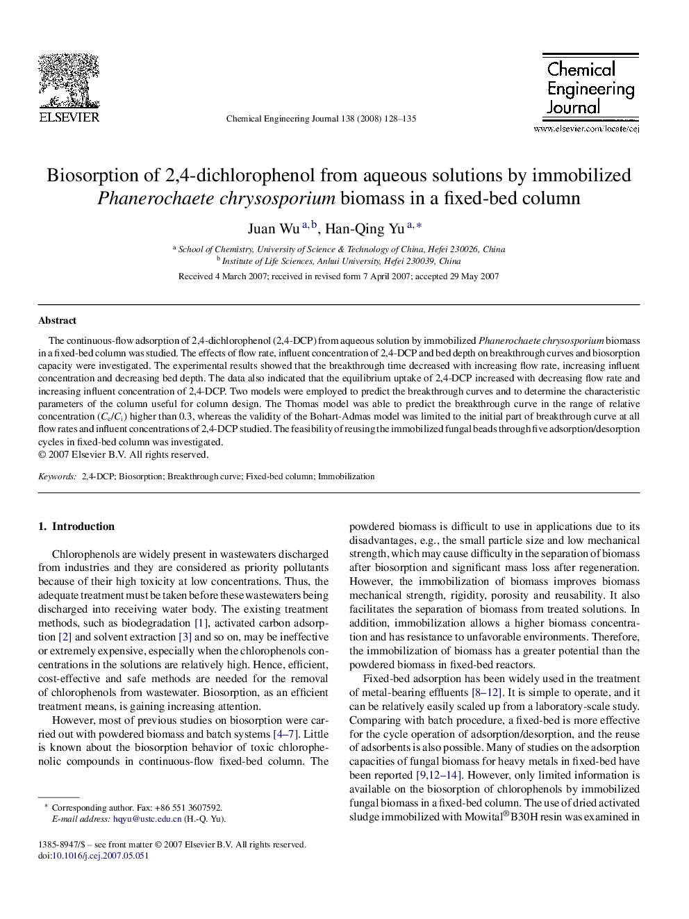 Biosorption of 2,4-dichlorophenol from aqueous solutions by immobilized Phanerochaete chrysosporium biomass in a fixed-bed column