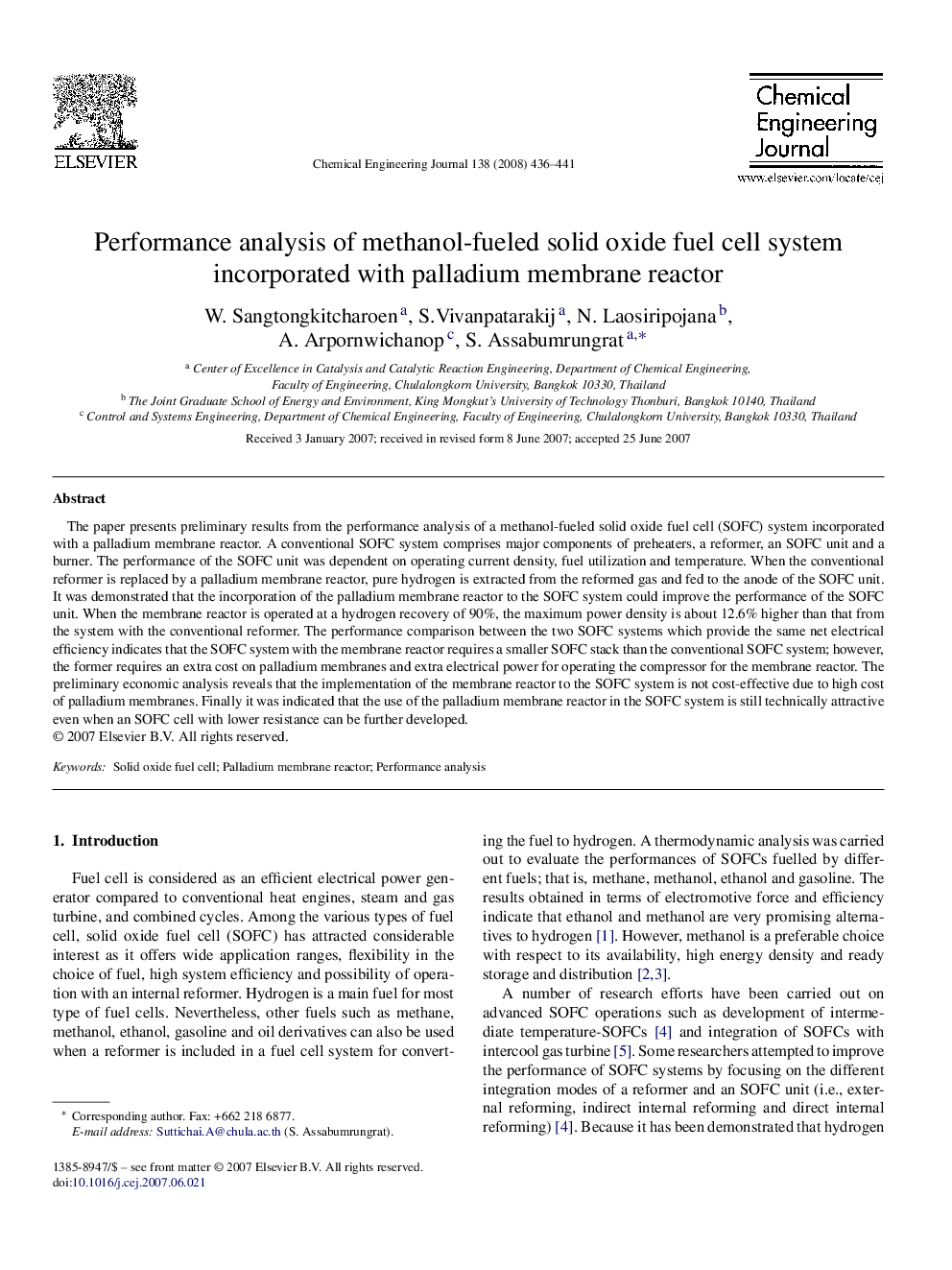 عکس صفحه اول مقاله: Performance analysis of methanol-fueled solid oxide fuel cell system incorporated with palladium membrane reactor Performance analysis of methanol-fueled solid oxide fuel cell system incorporated with palladium membrane reactor