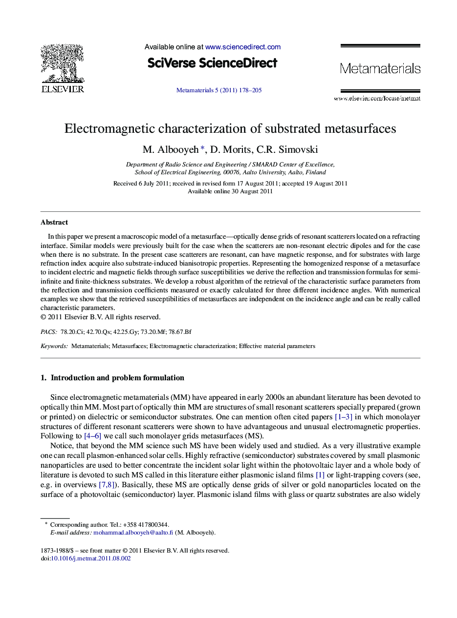 Electromagnetic characterization of substrated metasurfaces