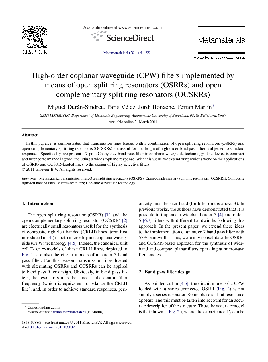 High-order coplanar waveguide (CPW) filters implemented by means of open split ring resonators (OSRRs) and open complementary split ring resonators (OCSRRs)