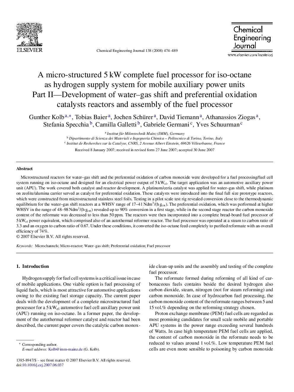 A micro-structured 5 kW complete fuel processor for iso-octane as hydrogen supply system for mobile auxiliary power units: Part II—Development of water–gas shift and preferential oxidation catalysts reactors and assembly of the fuel processor